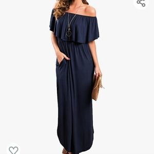 Women's Blue Off the Shoulder Pockets Side Slit Cotton Summer Casual Maxi Dress